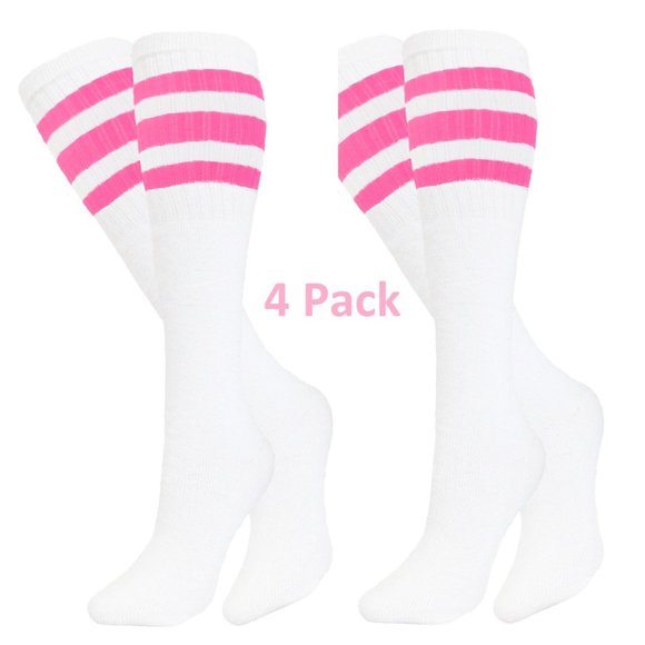 White & Pink Baseball Softball Striped Tube Set Of 4 Pair Socks - Picture 1 of 1